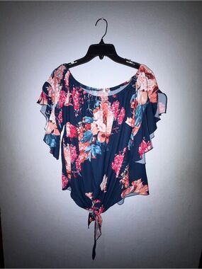 Lucky more Navy Floral Off-Shoulder Tie-Front Blouse